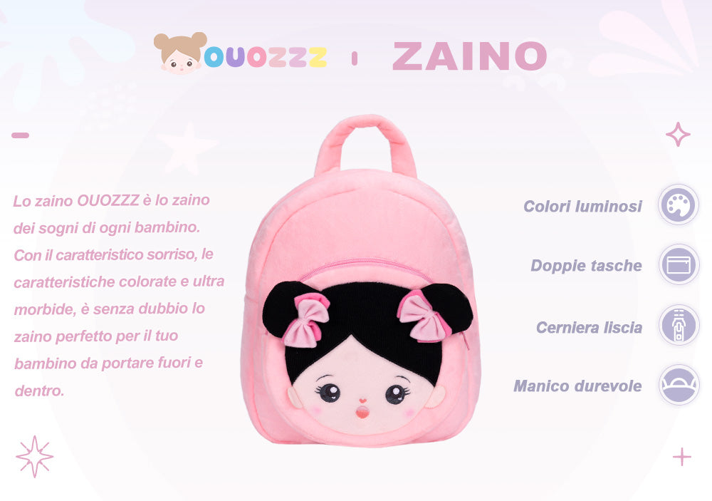Zaino per Bambina in Peluche Rosa Personalizzato Con Capelli Neri
