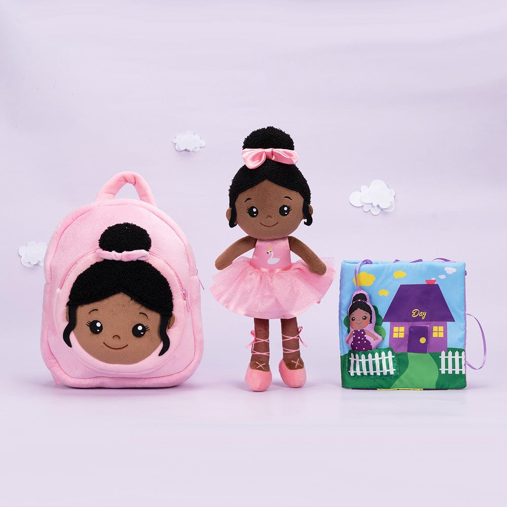 OUOZZZ Personalized Deep Skin Tone Plush Pink Ballet Doll Ballerina+Backpack+Book