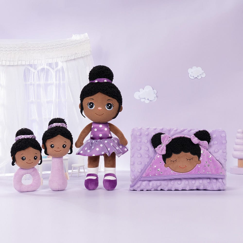 lovinglydoll Personalized Deep Skin Tone Plush Doll Purple Nevaeh Doll+Blanket (40 x 40 Inches )+Rattles