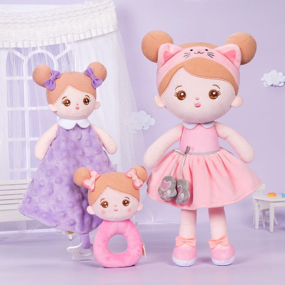 OUOZZZ Personalized Pink Cat Plush Baby Girl Doll With Rattle & Towel🔔
