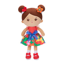 Carica l&#39;immagine nel visualizzatore di Gallery, Bambola Personalizzata Per Bambina In Peluche Con Abito Floreale Rosso Tono Della Pelle Marrone