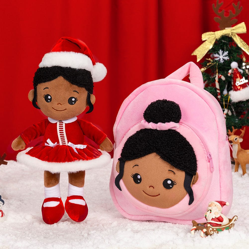 OUOZZZ Personalized Deep Skin Tone Red Christmas Plush Baby Girl Doll With Pink Bag