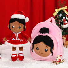 Carica l&#39;immagine nel visualizzatore di Gallery, OUOZZZ Personalized Deep Skin Tone Red Christmas Plush Baby Girl Doll With Pink Bag