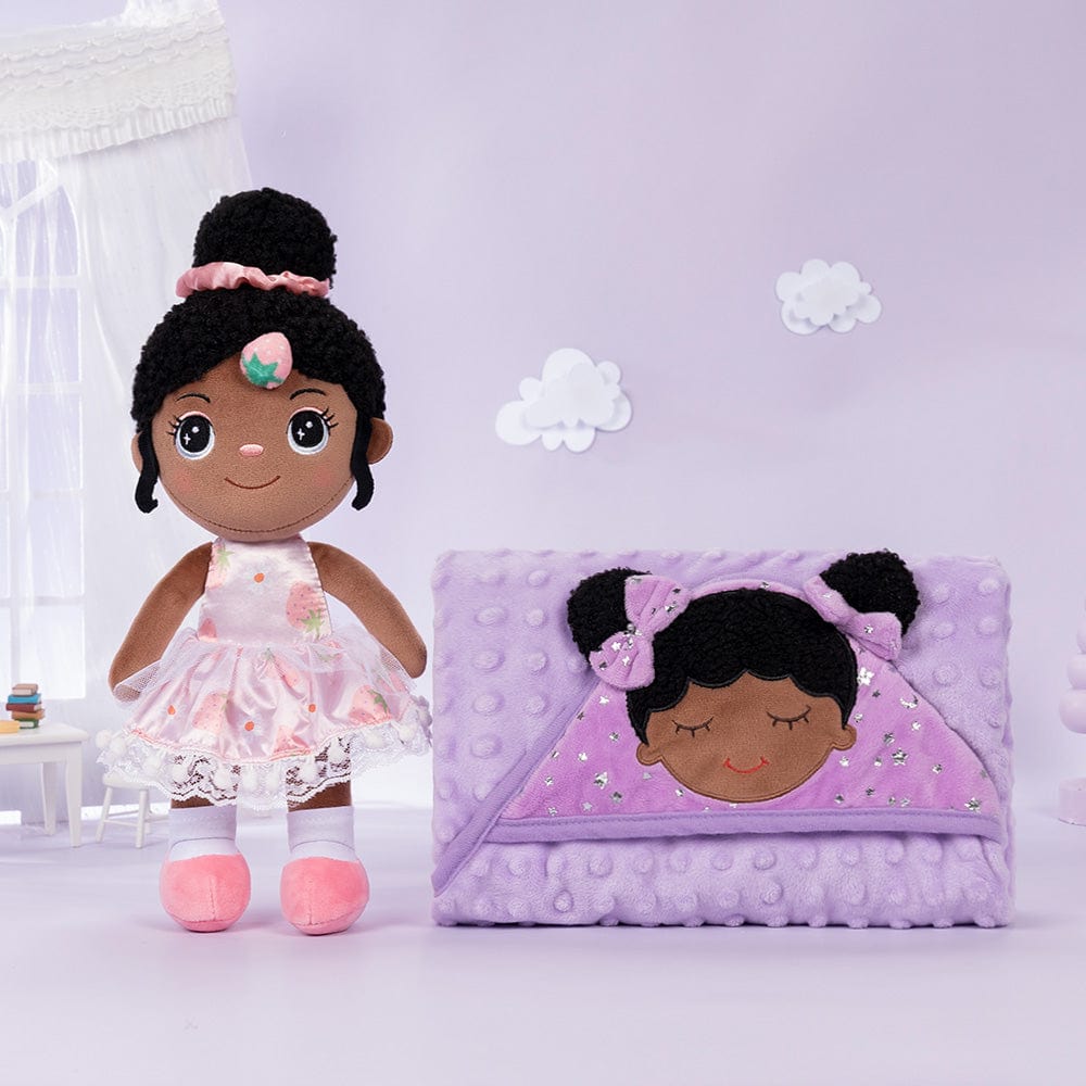 OUOZZZ Personalized Deep Skin Tone Plush Strawberry Doll Doll+Blanket (40 x 40 Inches )