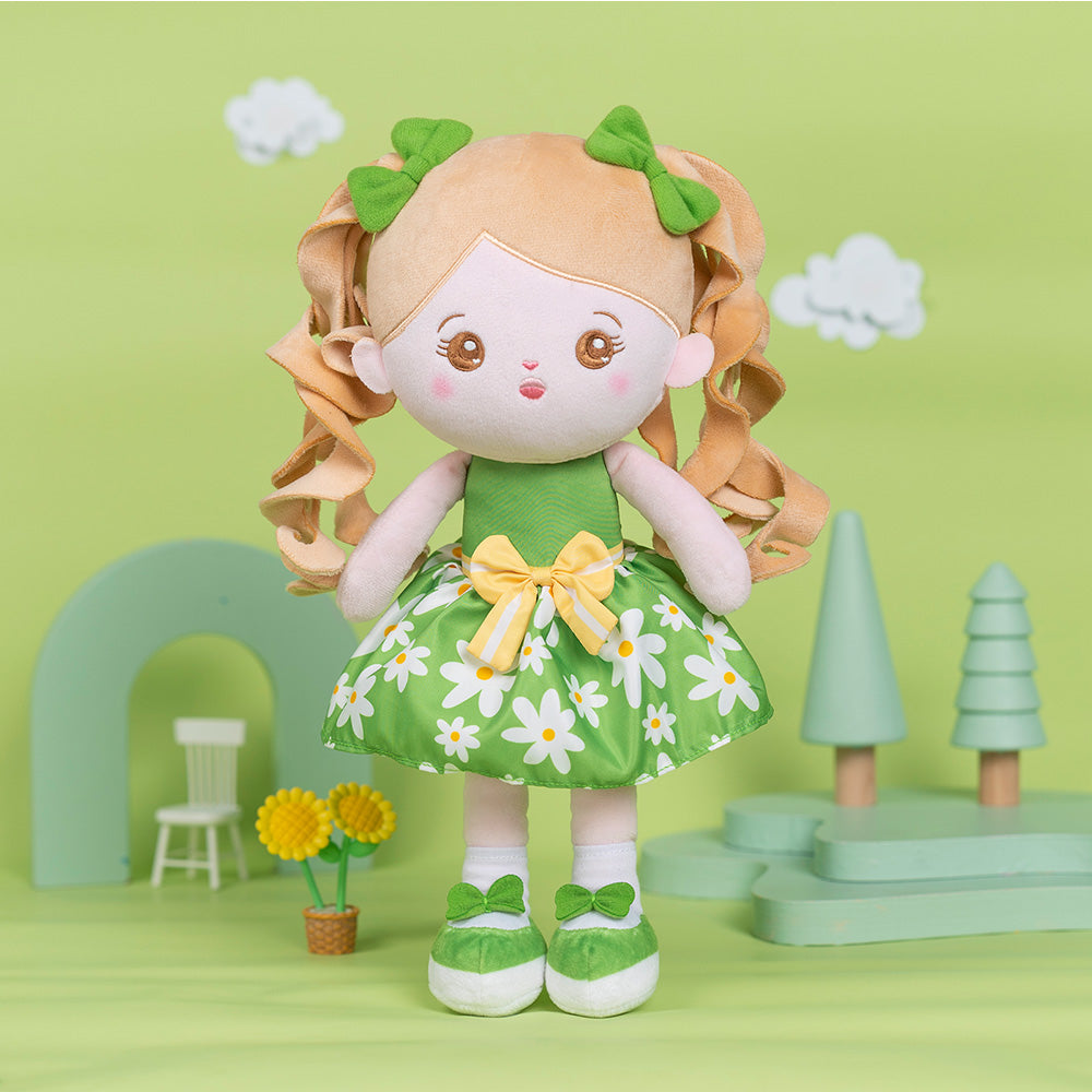 Abito Floreale Verde Personalizzato Con Bambola Per Bambina In Peluche A Treccia