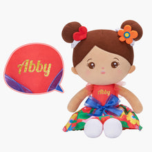 Carica l&#39;immagine nel visualizzatore di Gallery, Bambola Personalizzata Per Bambina In Peluche Con Abito Floreale Rosso Tono Della Pelle Marrone