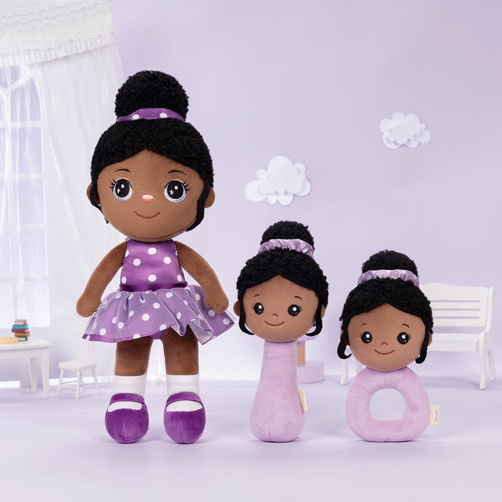 lovinglydoll Personalized Deep Skin Tone Plush Doll Purple Nevaeh Doll+Rattles